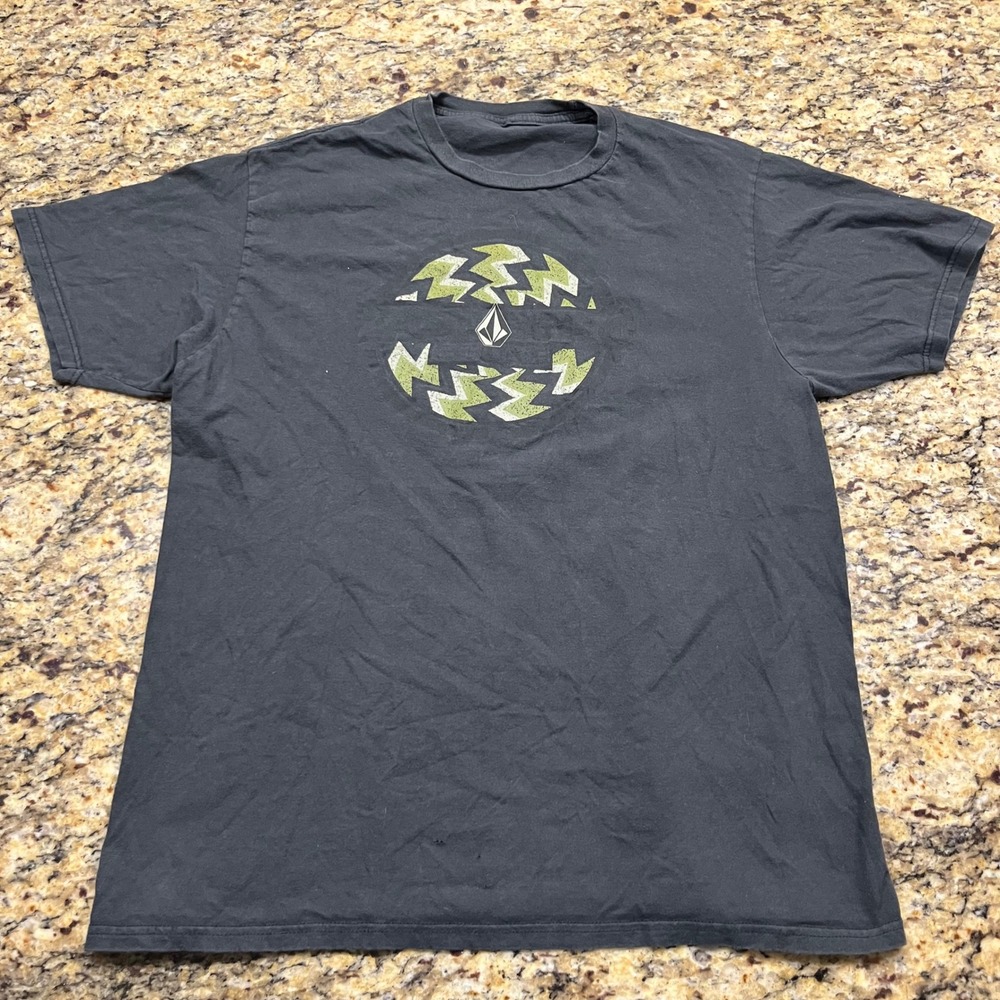 Volcom Stone Mens Graphic T-Shirt Black Green Lightning Bolt Skate Tee Large
